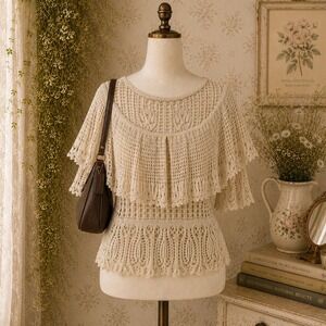 NEW Zara Crochet Knit Top Womens S Ruffle Pointelle Coquette Cottagecore Boho